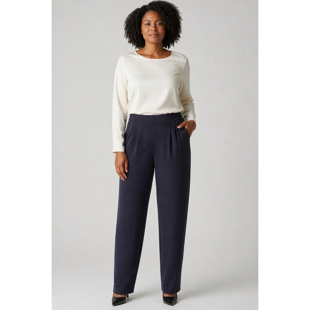 ST JOHN EVENING BY MARIE GRAY Santana Knit Pants Navy Pleated Wide Leg Size 6‎